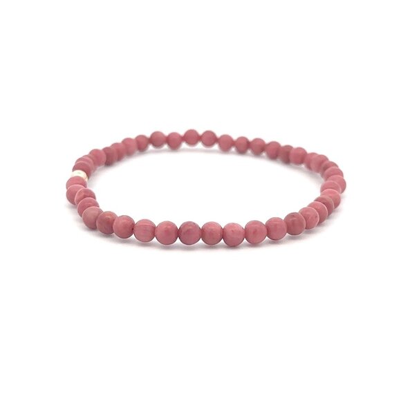 Rhodonite Gemstone Beaded Stretch Bracelet 14K Gold Accent Bead Handmade - Picture 3 of 8